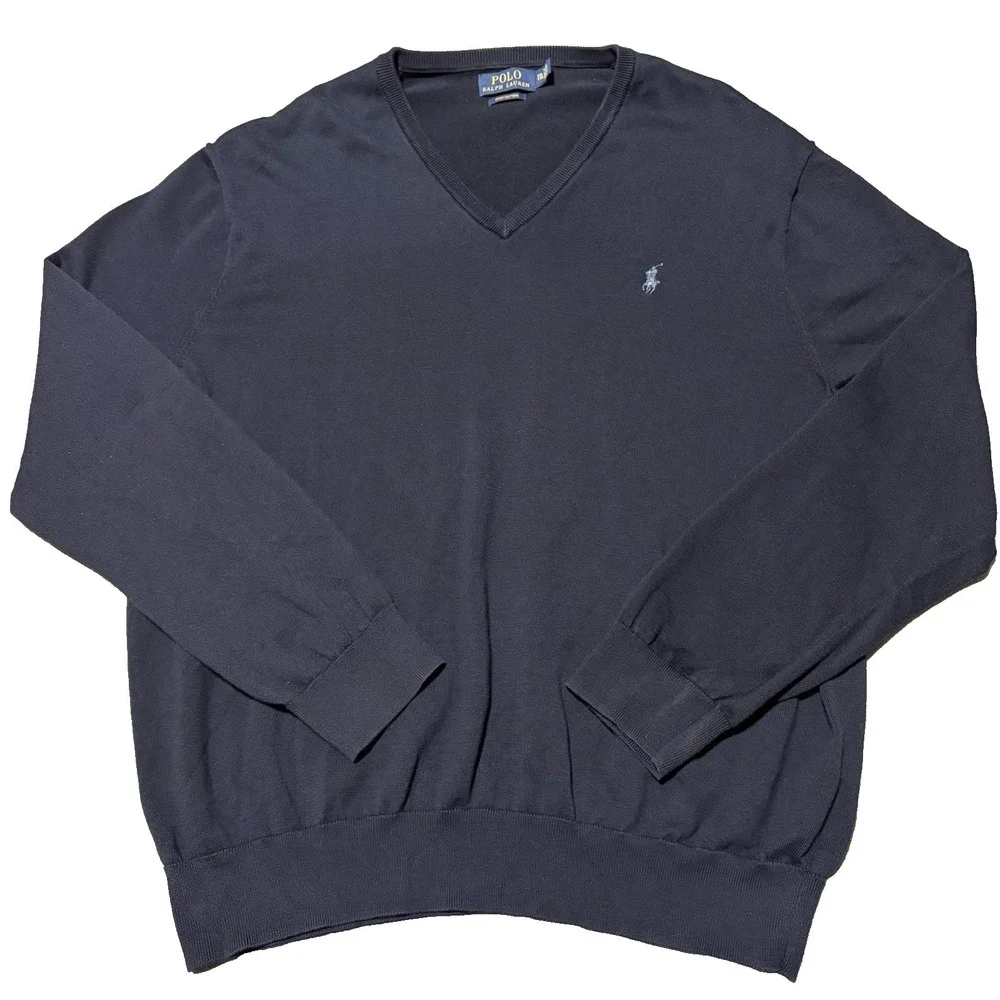 Polo Ralph Lauren V-Neck Knit Sweater‎ Mens XXL Navy Blue Pima Cotton Pullover